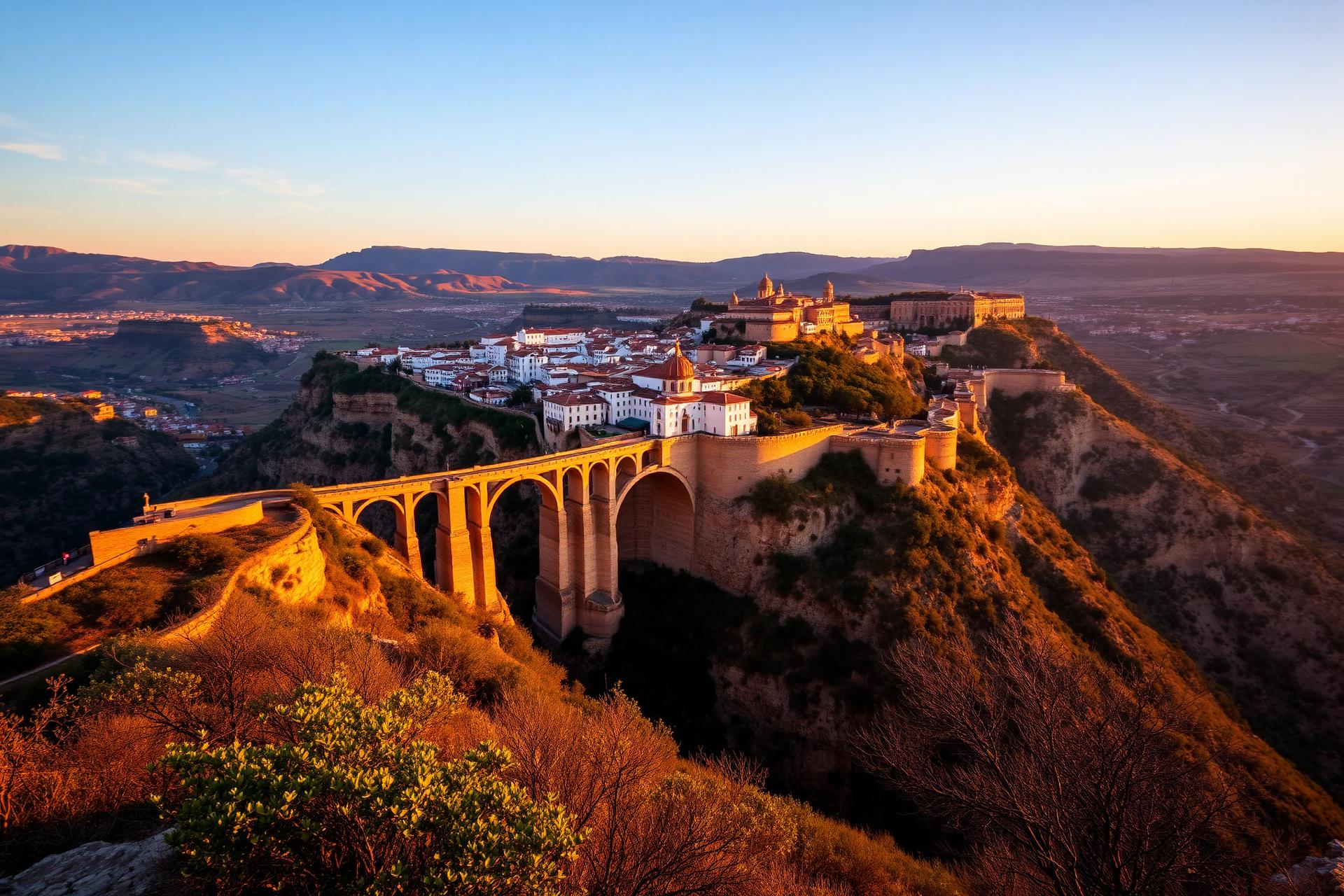 Uitzicht over Ronda met de Puente Nuevo in gouden avondlicht